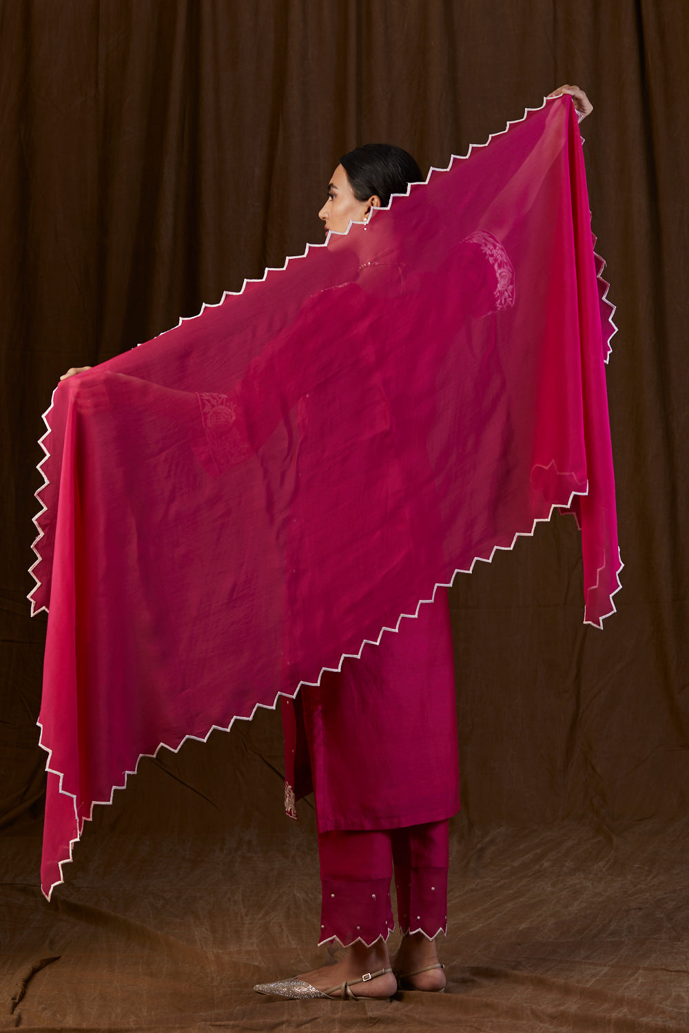 Ruby Pink Triangular Embroidered Silk Organza Dupatta