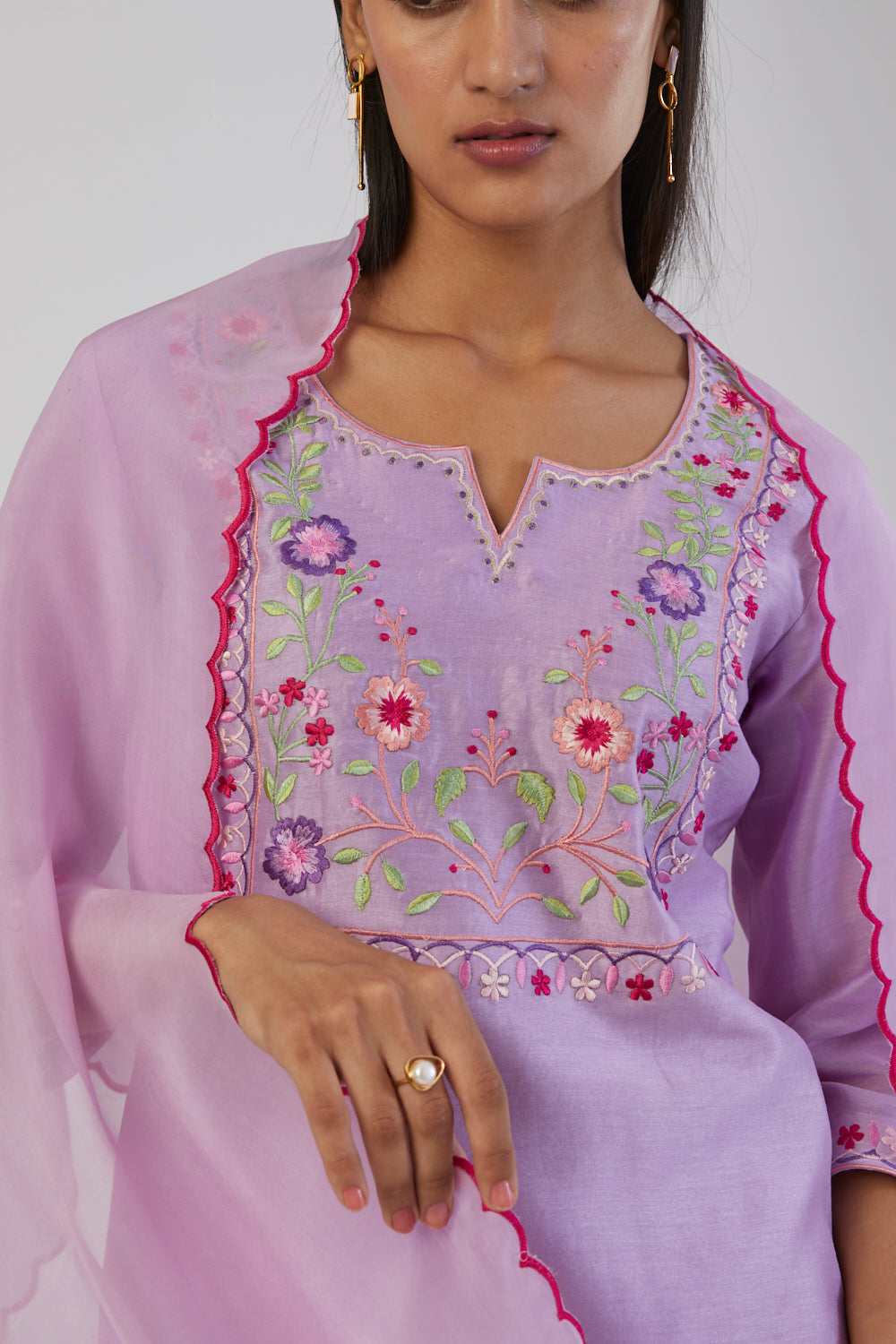 Lilac Colourful Embroidery Kurta Set