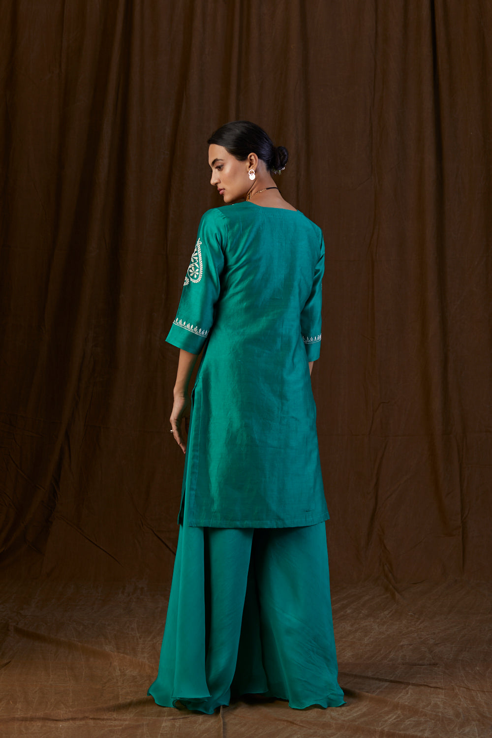 Teal Green Panel Silk Chanderi Sharara Set
