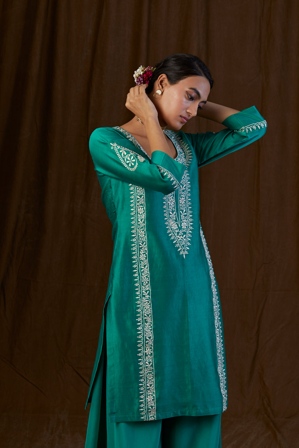 Teal Green Panel Silk Chanderi Sharara Set