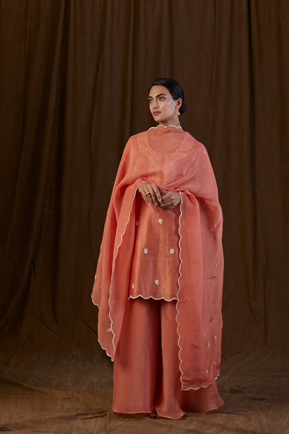Aayushi Bangur in Rust Orange Floral Silk Chanderi Sharara Set