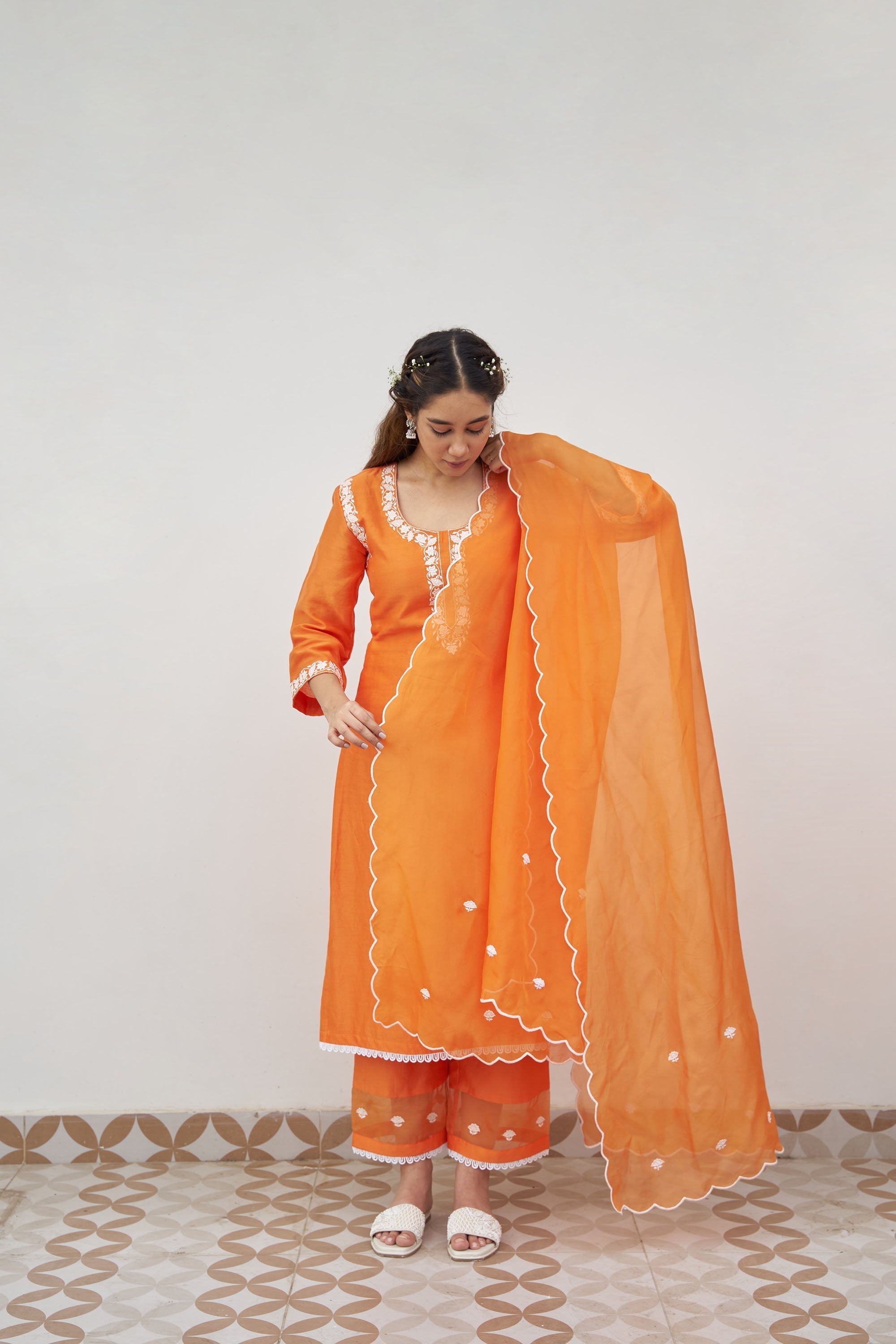 Mrunal Thakur in Orange Silk Chanderi Embroidered Kurta Set With Silk Organza Dupatta