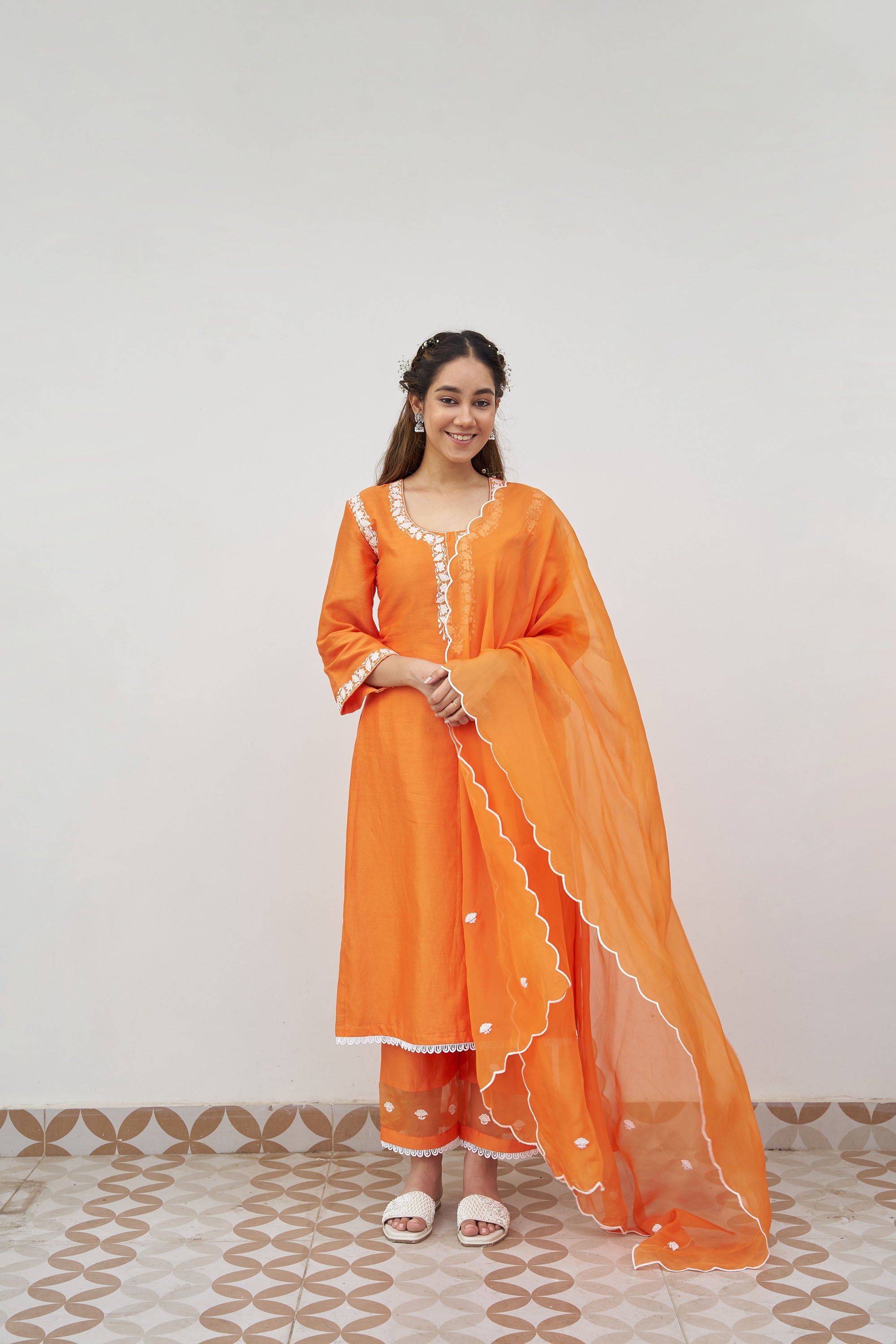 Sukhneet Wadhwa in Orange Silk Chanderi Embroidered Kurta Set With Silk Organza Dupatta