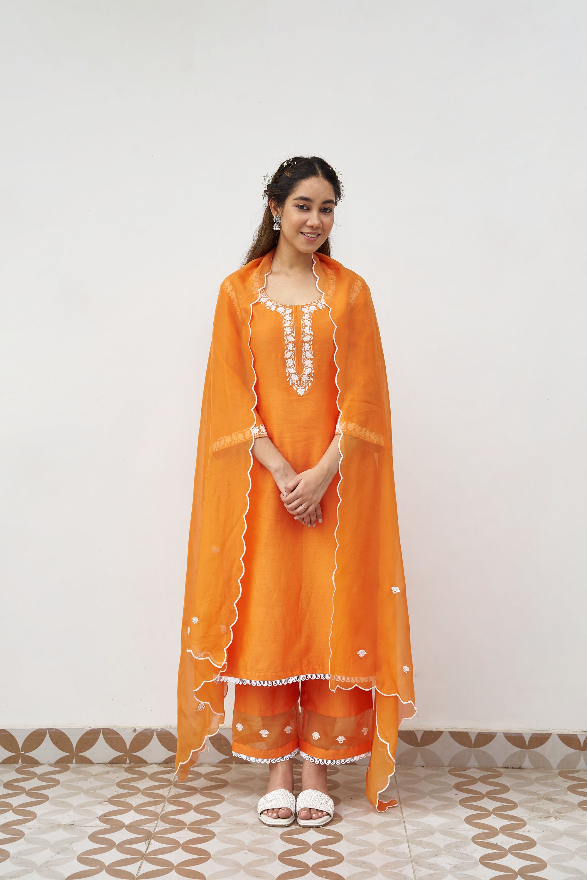Orange Silk Chanderi Embroidered Kurta Set With Silk Organza Dupatta (Set of 3)