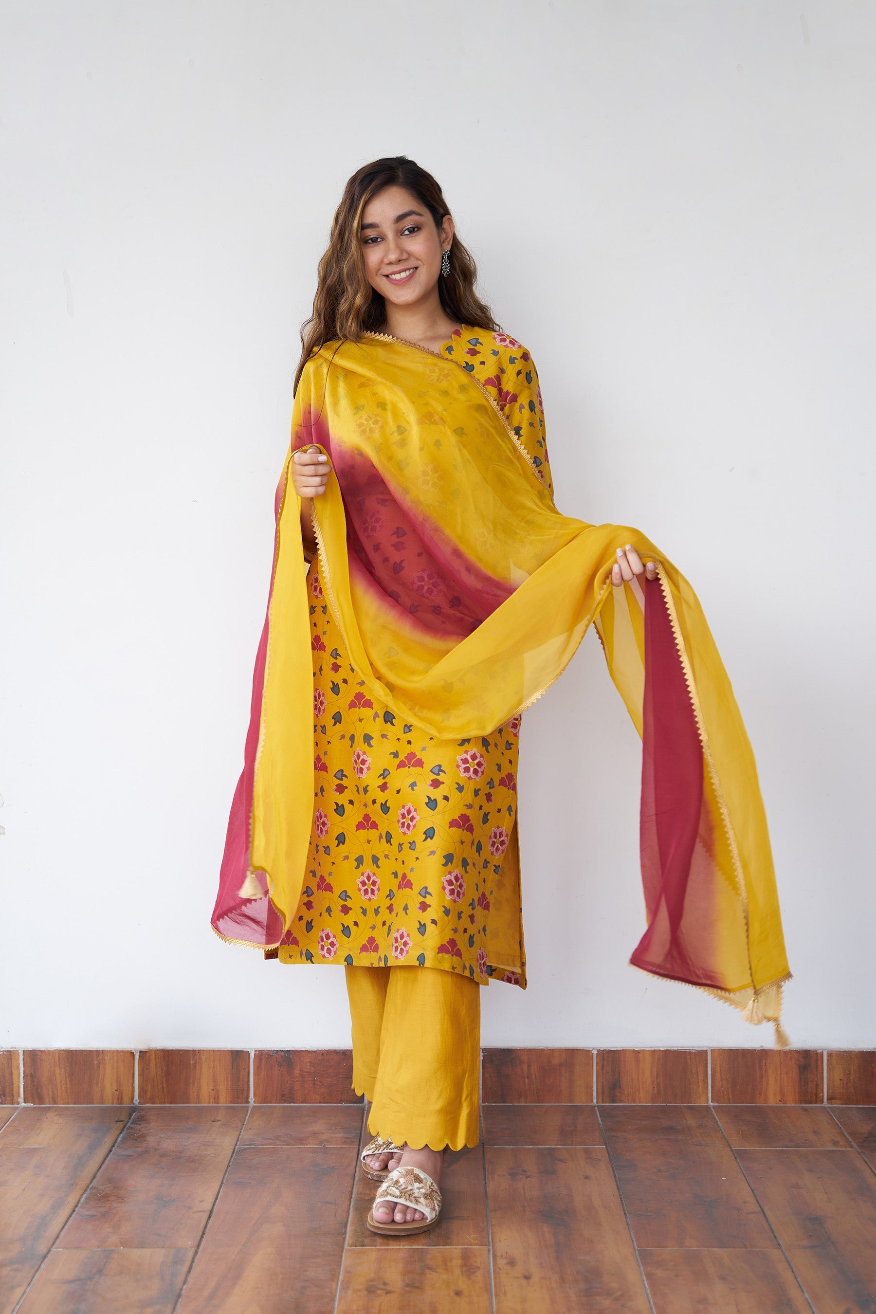Pooja Gor in Mustard Silk Chanderi Printed Kurta Set With Silk Organza Dupatta