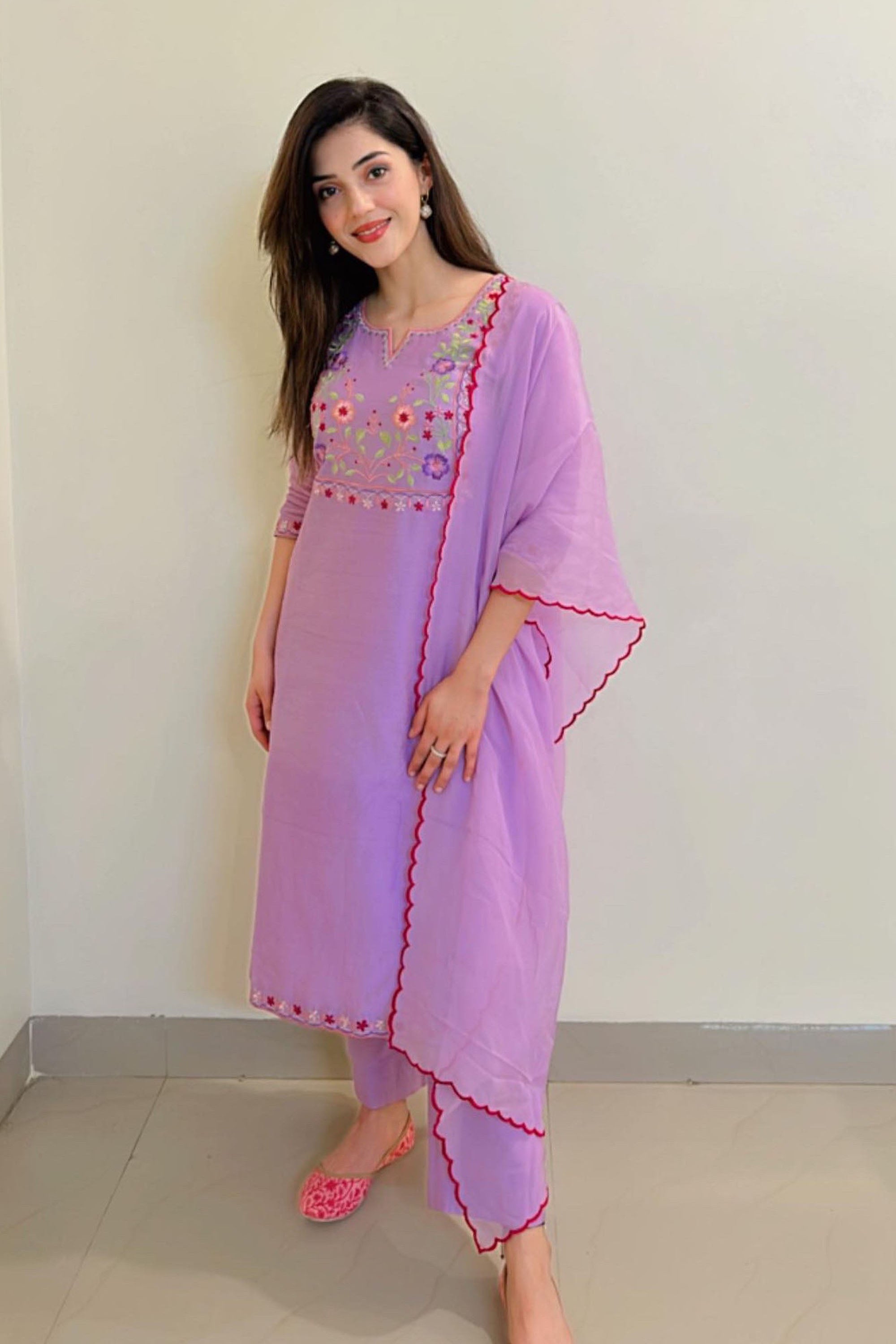 Mehreen Pirzadaa in Lilac Colourful Embroidery Kurta Set