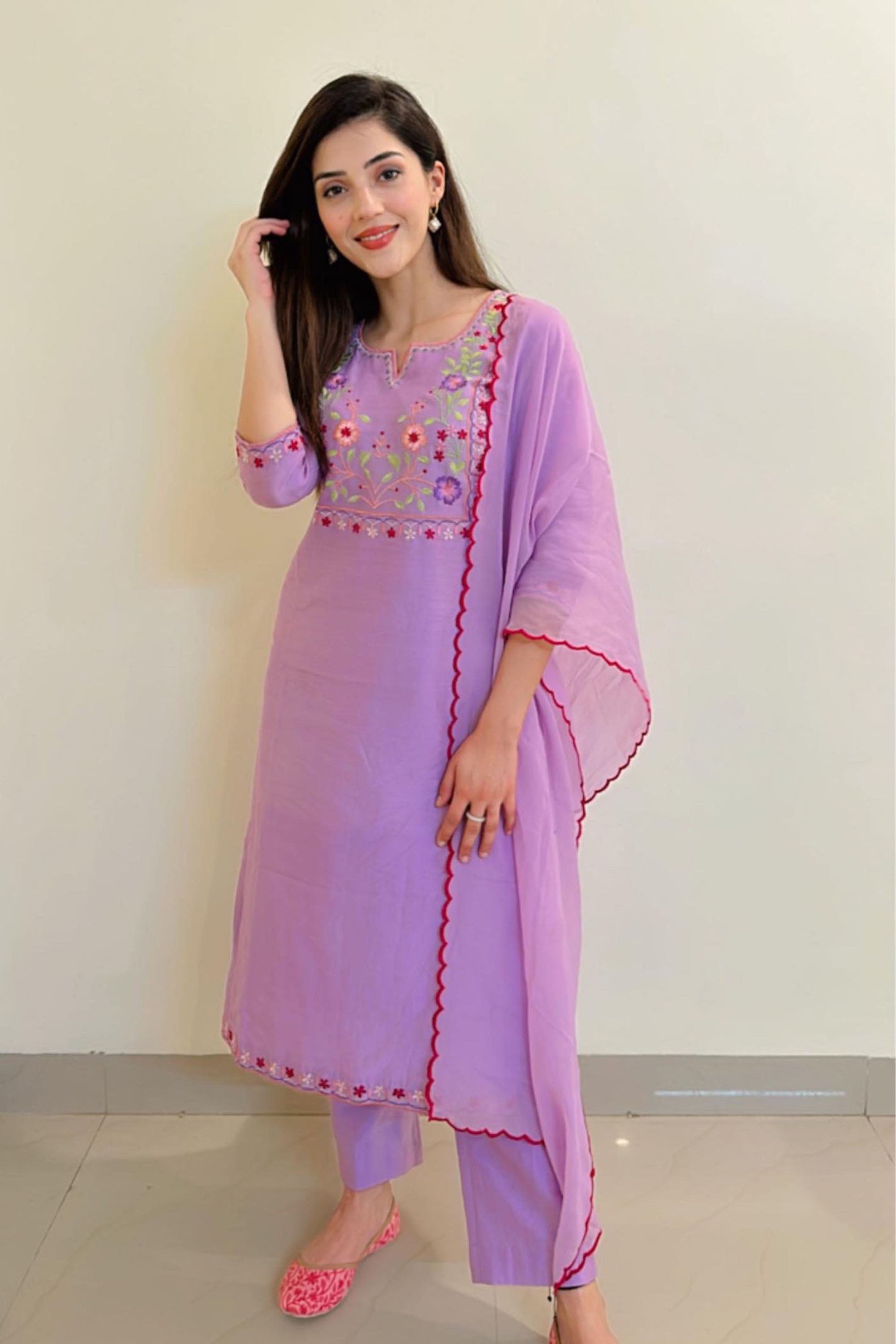 Mehreen Pirzadaa in Lilac Colourful Embroidery Kurta Set
